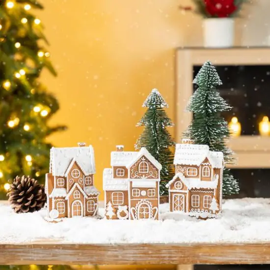 Glitzhome&reg; 5.5" Christmas Resin Gingerbread House Table Decor Set {4}