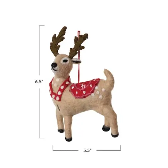 Hello Honey® 6.5" Handmade Wool Felt Reindeer Ornament with Embroidery on a Wool String {5}