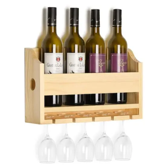 NEX&trade; Wall-Mounted Wine Rack with 5 Long Stem Glass Holder Natural {5}