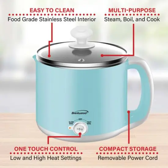 Brentwood Blue 1.6qt. 600 Watt Stainless Steel Electric Hot Pot Cooker & Food Steamer {5}