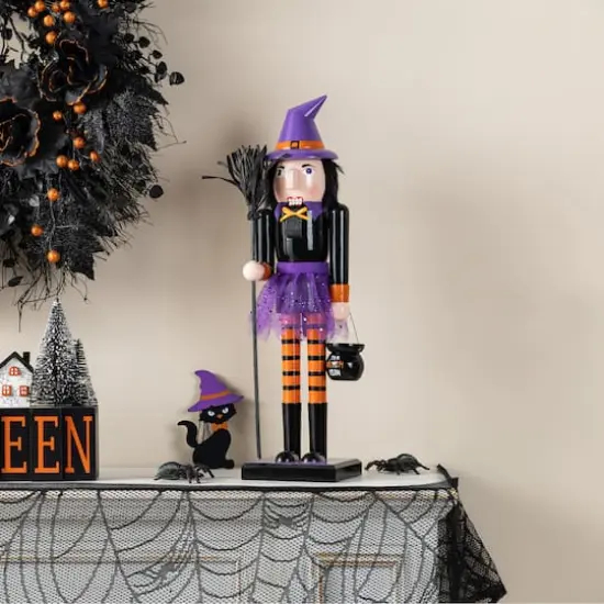 Glitzhome&reg; 18.5"H Halloween Wooden Witch Nutcracker with Witch Cat Ornament {4}