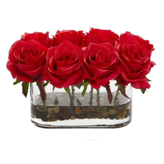 5.5" Red Blooming Roses Arrangement in Glass Vase {1}