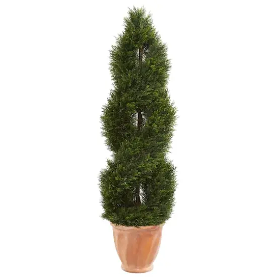 4.5ft. UV Resistant Double Pond Cypress Topiary Artificial Tree in Terracotta Planter {1}