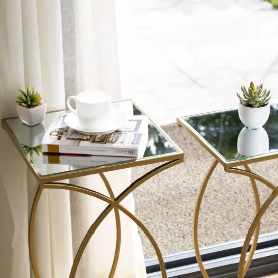Glitzhome&reg; Metal Tall Accent Table with Glass Top Set Gold {7}