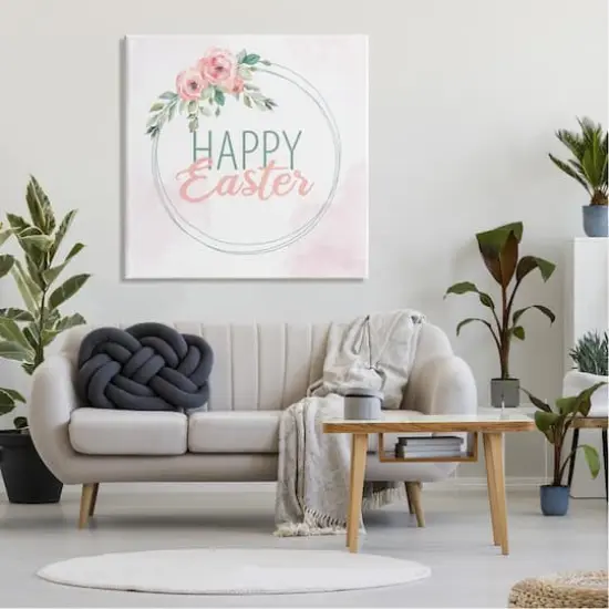Stupell Industries Happy Easter Round Floral Border Pastel Pink Design Canvas Wall Art {3}