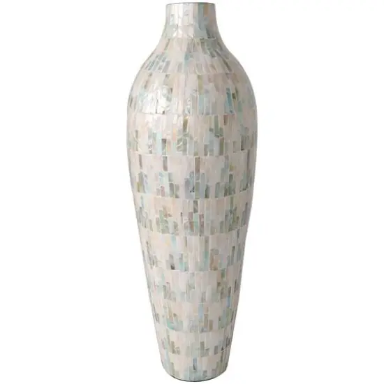 28" White Mother of Pearl Handmade Mosaic Inspired Vase with Pastel Blue & Pink Accents {3}
