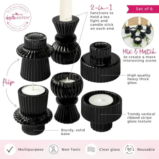 Kate Aspen&reg; Assorted Vintage Ribbed Black Glass Candlestick Candle Holder Set {7}