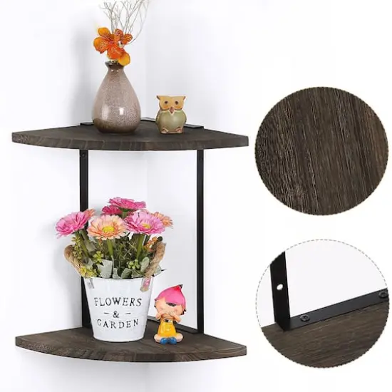Rustic Brown 2-Tier Floating Corner Shelf {4}