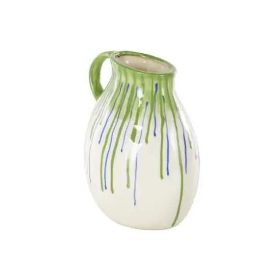 11" White, Green & Blue Drip Design Ceramic Vase with Handle {3}