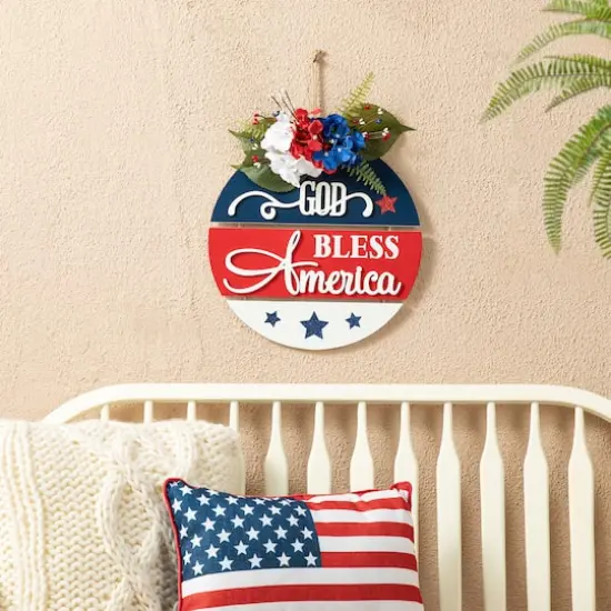 Glitzhome&reg; 14" God Bless America Round Sign {4}