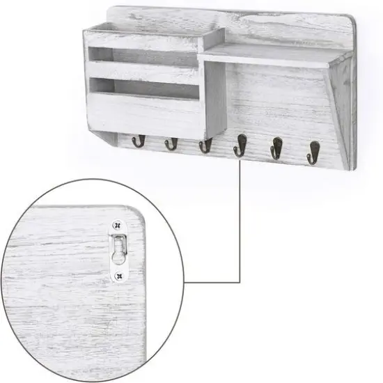 NEX™ Wall-Mounted Rustic Off-White Mail Shelf with 6 Double Key Hooks {6}