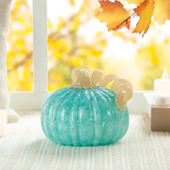 Glitzhome&reg; 6" Fall Turquoise Round Glass Pumpkin {3}