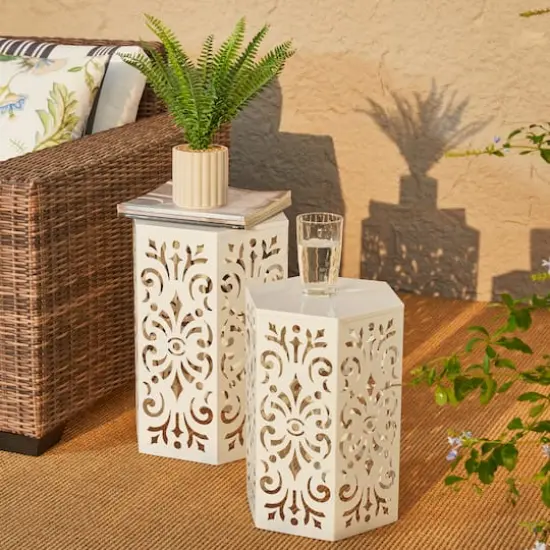 Glitzhome&reg; White Floral Motif Hexagonal Garden Stool Set {3}