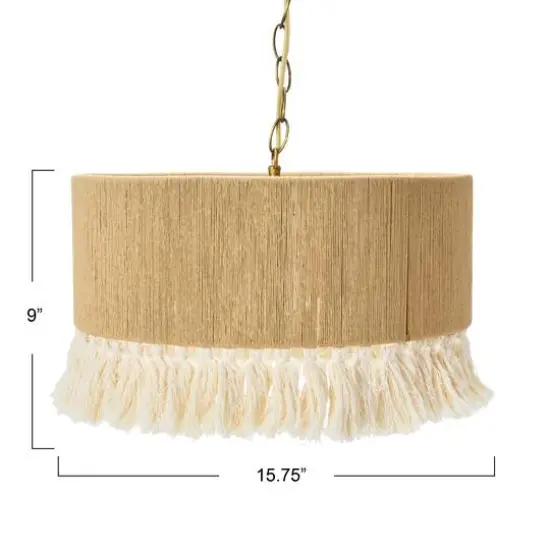 Hello Honey® 16" Brown Coastal Pendant Lamp with Natural Paper Rope Shade, Fringe Detail and Iron Base {6}