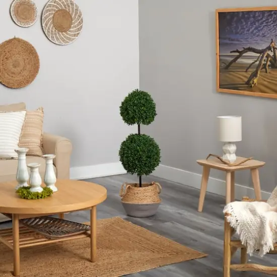3.5ft. Boxwood Double Ball Artificial Topiary Tree in Boho Chic Handmade Cotton & Jute Gray Woven Planter UV Resistant (Indoor/Outdoor) {5}