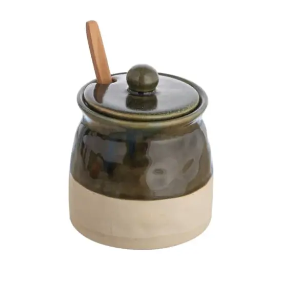 Hello Honey® 4.4" Green Stoneware Sugar Pot with Lid & Wood Spoon {1}