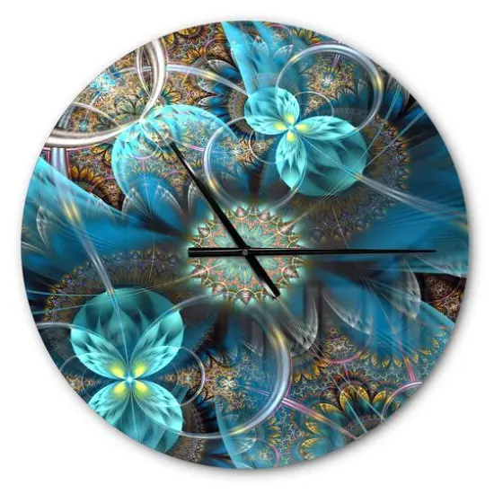 Designart Fractal Blue Flowers Wall Clock {1}