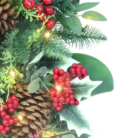 26" Battery-Operated Pre-Lit Decorated Artificial Wreath with Red Bow {5}