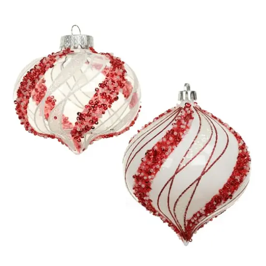 4 Pack 4.7" Red & White Beaded Wavy Stripes Shatterproof Onion Ornaments by Ashland&reg; {1}