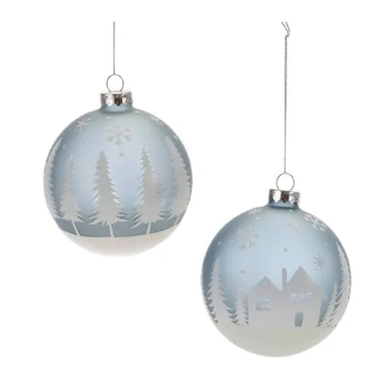 4" Frosted Forest & Village Glass Ball Ornament Set {6}
