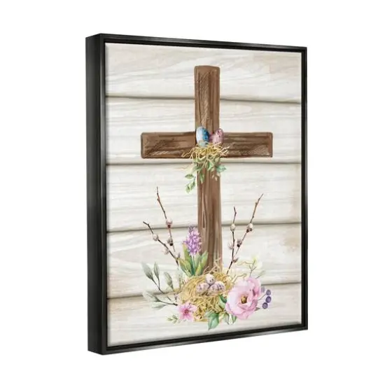 Stupell Industries Spiritual Easter Cross Spring Blossoms Floater Framed Art Black {4}