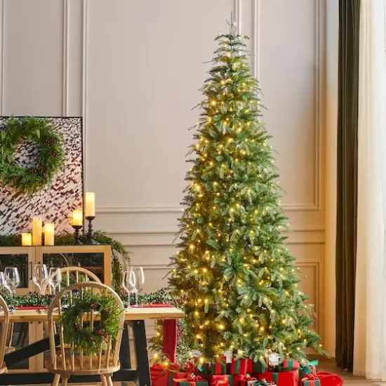 Glitzhome® 9ft Pre-Lit Green Slim Fir Artificial Christmas Tree, Multicolor LED Lights {5}