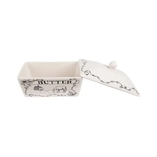 Hello Honey® 7" Country Style White & Black Stoneware Butter Dish with Lid {3}