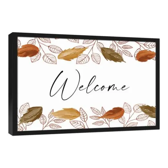 Autumn Leaves Cascading Welcome Canvas Wall Art with Black Frame {3}