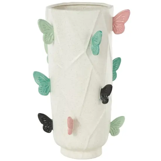 15.75" White Ceramic Butterfly Wide Decorative Vase with Multicolor Accents {1}