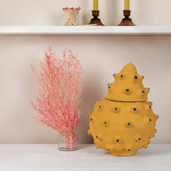 Hello Honey&reg; Decorative Paper M&acirc;ch&eacute; Canister with Glass Marble Accent Yellow {3}