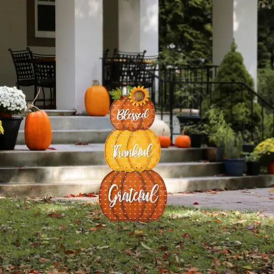Glitzhome&reg; 35.5" Thanksgiving Metal Stacked Pumpkins Yard Stake {5}