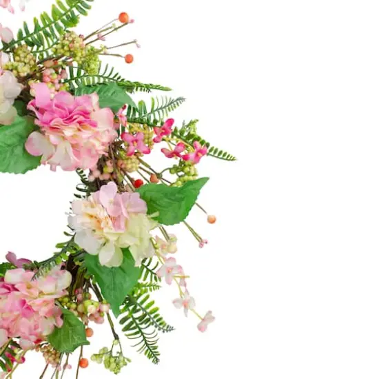 20" Pink Hydrangea Berry & Fern Artificial Spring Floral Wreath {4}