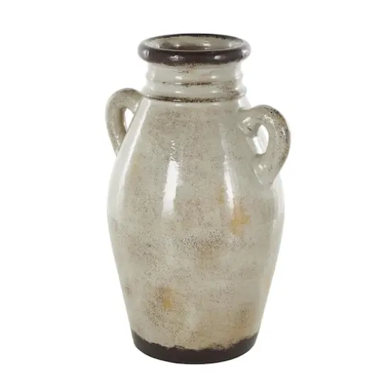 13.75" Cream Ceramic Antique Amphora Vase with Speckled Texturing {4}