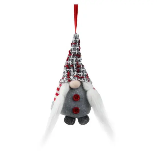 6" Gray & Red Plaid Santa's Helper Gnome Hat Knit Ornament {1}