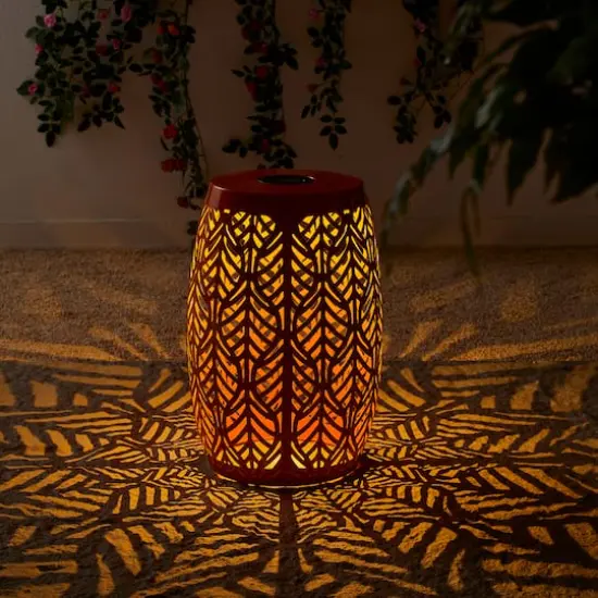 Glitzhome&reg; 18.25" Multifunctional Solar Powdered Iron Leaf Cutout Garden Stool Orange {4}