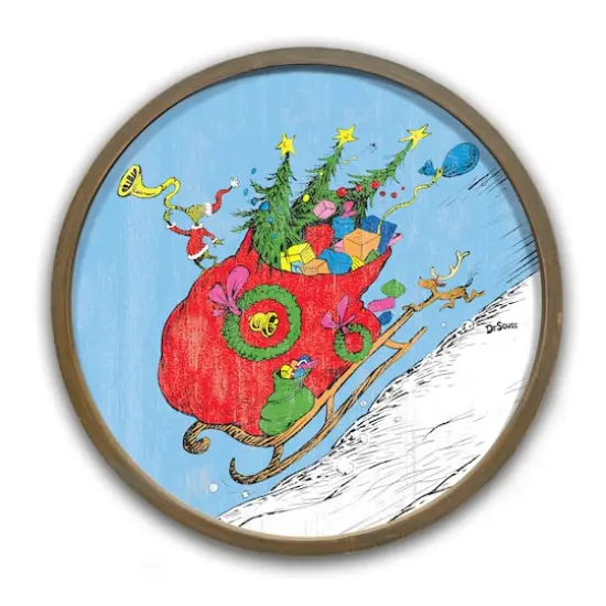 20" The Grinch Riding in Sled Round White Framed Print Brown Frame {1}
