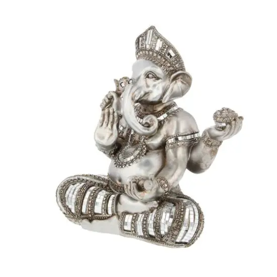 12" Silver Polystone Ganesh Meditating Sculpture {3}