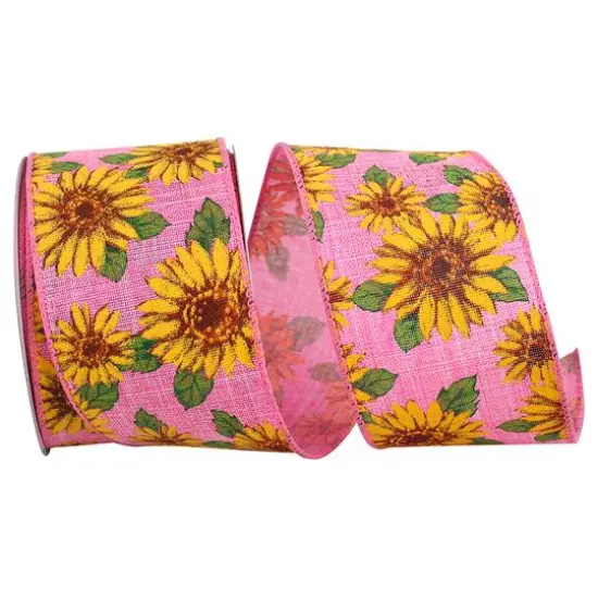 Reliant 2.5" x 10yd. Linen Wired Sunflowers All Around Ribbon Pink {1}