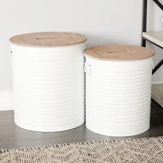 Set of 2 White Metal Farmhouse Storage Stool, 18", 16" {6}