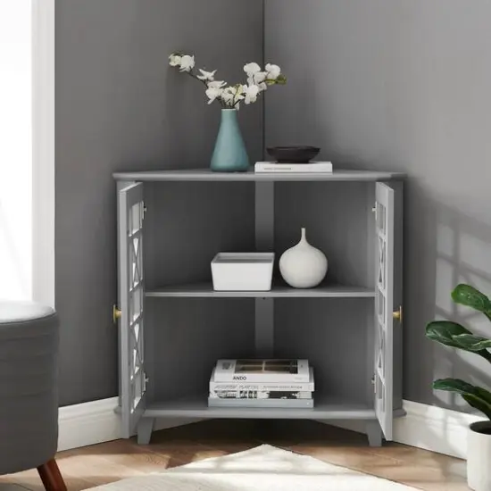 Walker Edison 30" Grey Fretwork Corner Accent Cabinet {6}