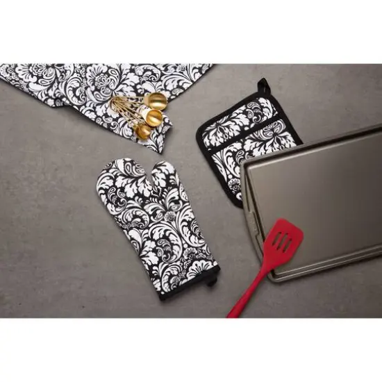 DII&reg; Damask Oven Mitt & Potholder Set Black {6}