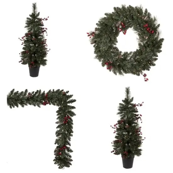 4-Piece Pre-Lit Artificial Christmas Tree, Wreath & Garland Set, Warm White LED Lights {1}