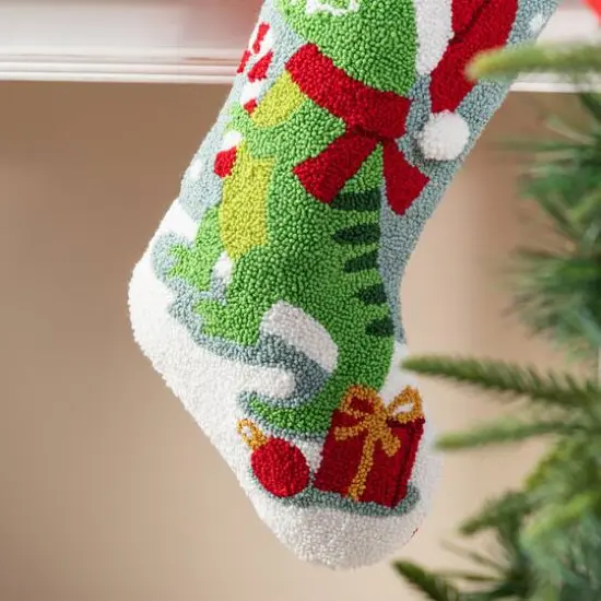 Glitzhome&reg; 21"L Hooked Christmas Dinosaur Stocking {6}
