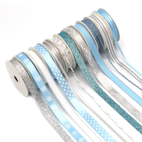 Gwen Studios 3/8" x 2yd. Silver & Blue Holiday Ribbon Pack, 24ct. {3}
