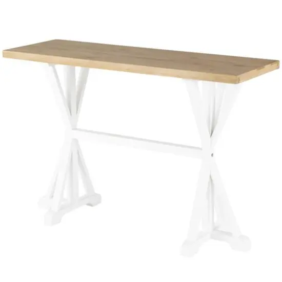 47" White Wood Living Room Console Table with Angled Legs & Brown Tabletop {1}