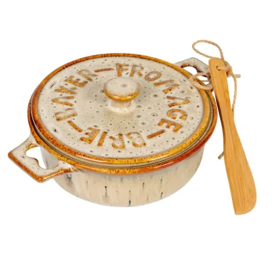 Hello Honey&reg; 9.1" Reactive Glaze Design Stoneware Brie Baker with Bamboo Canap&eacute; Spreader Knife {1}