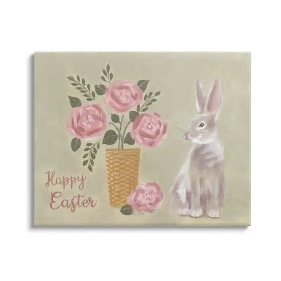 Stupell Industries Happy Easter Bunny Rose Bouquet Canvas Wall Art {1}
