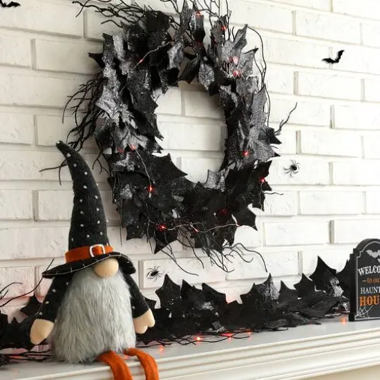 Glitzhome&reg; Lighted Halloween Bat Garland & Wreath Set {5}