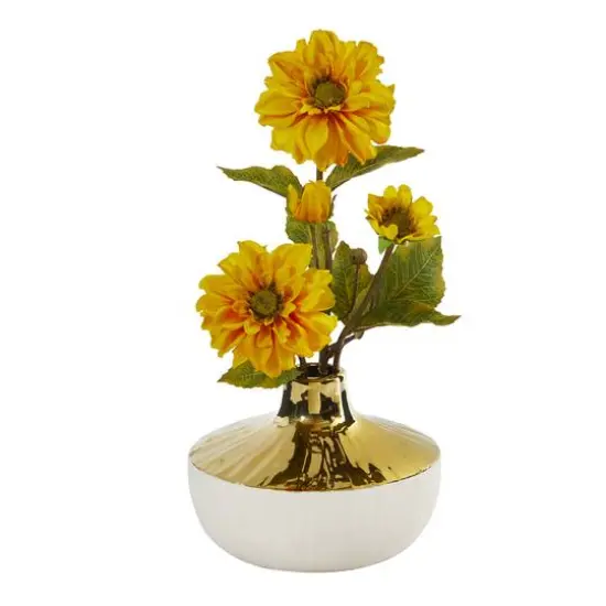 15" Zinnia Artificial Arrangement in Gold and Cream Elegant Vase {1}