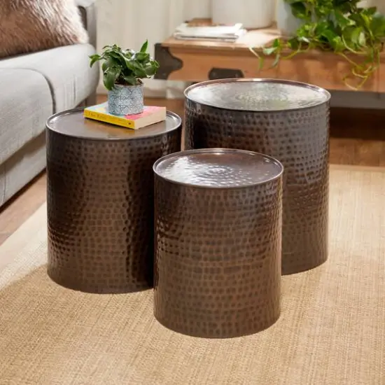 Brown Metal Industrial Accent Table Set {9}